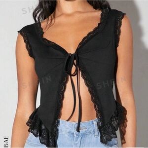 NWT SHEIN BAE Black Lace Trim Bow Tie Going Out Tank Top in Black, Size Small